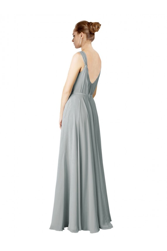 Fournisseurs de Argent Trapèze Col V Mousseline Longue Robes demoiselle d'honneur