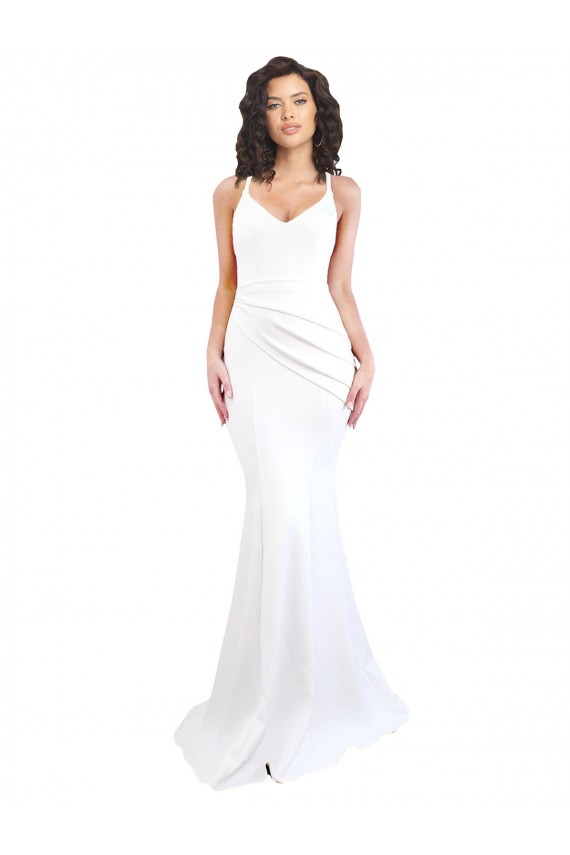 Fournisseurs de Blanc Sirène Bretelles spaghetti Col Haut Crêpe Stretch Longue Formelles Robes demoiselle d'honneur / Robes de soirée / Robes de bal