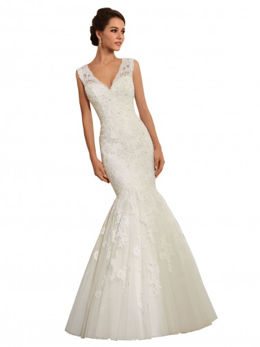Fournisseurs de Blanc Sirène Col V Tulle Dentelle Robes de mariée