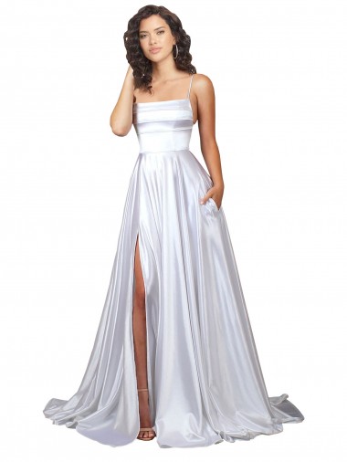 Fournisseurs de Blanc Trapèze Bretelles spaghetti Satiné Stretch Simple Plage Robes de mariée