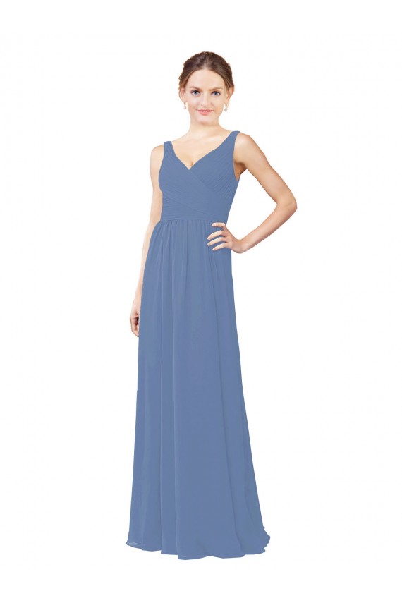 Fournisseurs de Bleu Windsor Fourreau Col V Mousseline Longue Robes demoiselle d'honneur