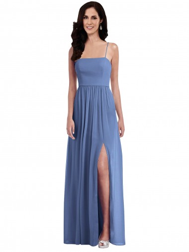 Fournisseurs de Bleu Windsor Trapèze Bretelles spaghetti Mousseline Longue Robes demoiselle d'honneur