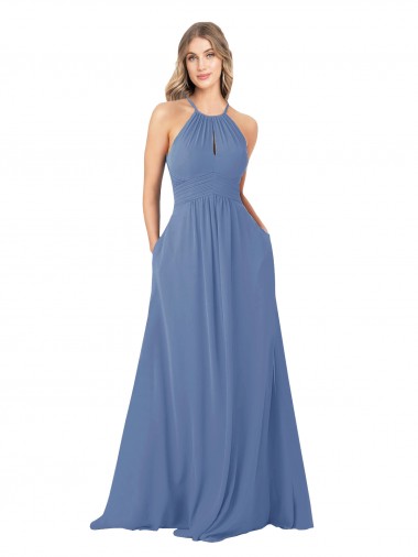 Fournisseurs de Bleu Windsor Trapèze Col Haut Mousseline Longue Robes demoiselle d'honneur