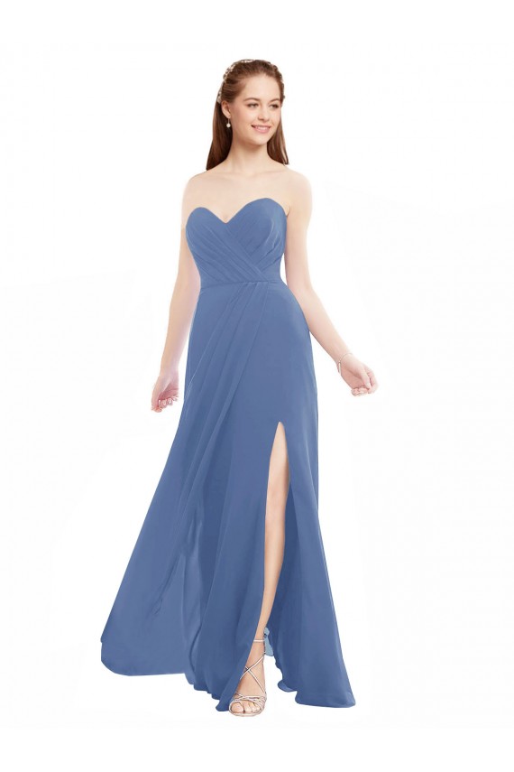 Fournisseurs de Bleu Windsor Trapèze Sans bretelle Mousseline Longue Robes demoiselle d'honneur
