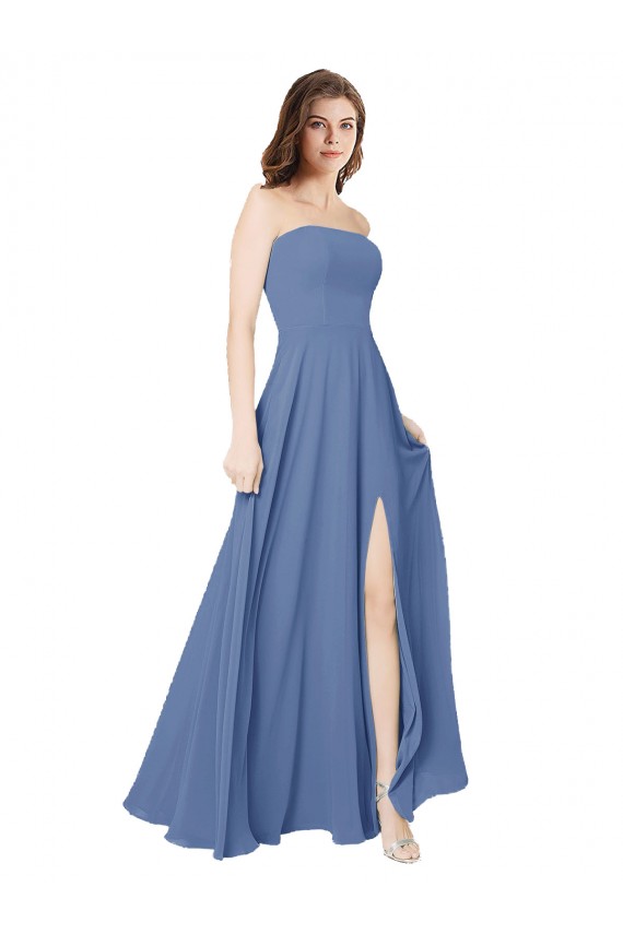 Fournisseurs de Bleu Windsor Trapèze Sans bretelle Mousseline Longue Robes demoiselle d'honneur