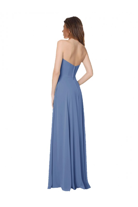 Fournisseurs de Bleu Windsor Trapèze Sans bretelle Mousseline Longue Robes demoiselle d'honneur