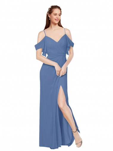 Fournisseurs de Bleu Windsor Trapèze Épaule Dénudée Mousseline Longue Robes demoiselle d'honneur
