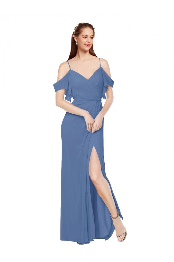 Fournisseurs de Bleu Windsor Trapèze Épaule Dénudée Mousseline Longue Robes demoiselle d'honneur