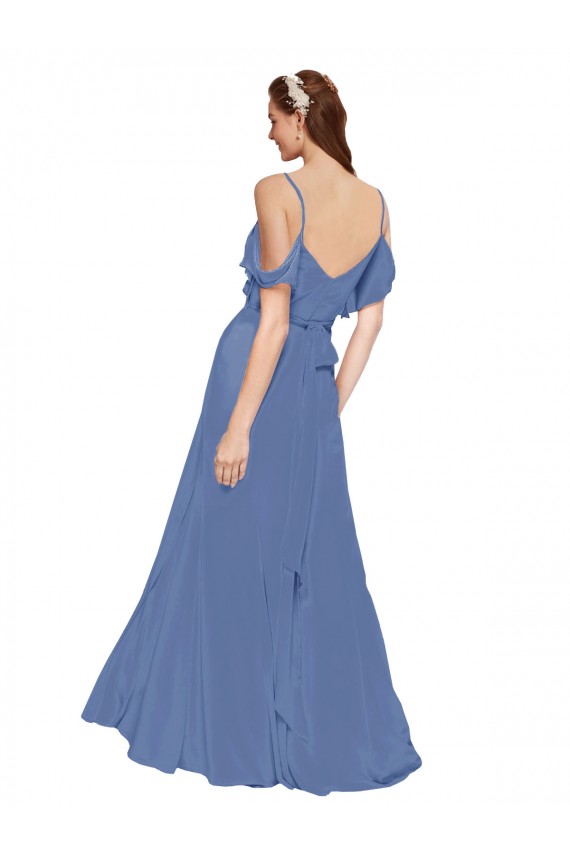 Fournisseurs de Bleu Windsor Trapèze Épaule Dénudée Mousseline Longue Robes demoiselle d'honneur