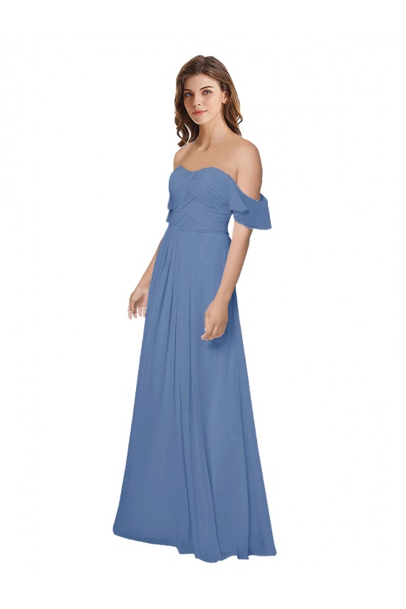 Fournisseurs de Bleu Windsor Trapèze Épaule Dénudée Sans bretelle Mousseline Longue Robes demoiselle d'honneur
