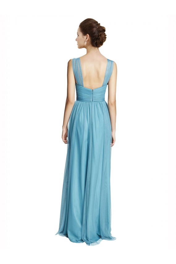 Fournisseurs de Bleu ciel Trapèze Bretelles spaghetti Col V Tulle Longue Robes demoiselle d'honneur