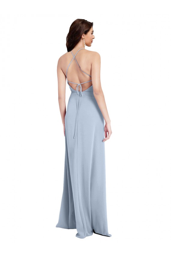Fournisseurs de Bleu ciel clair Fourreau Licou Col Haut Crêpe Stretch Longue Formelles Robes demoiselle d'honneur / Robes de soirée / Robes de bal