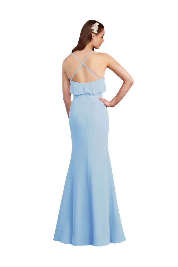 Fournisseurs de Bleu ciel clair Sirène Bretelles spaghetti Col V Mousseline Longue Robes demoiselle d'honneur
