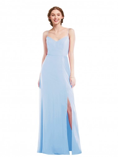 Fournisseurs de Bleu ciel clair Trapèze Bretelles spaghetti Col V Mousseline Longue Formelles Robes demoiselle d'honneur / Robes de soirée