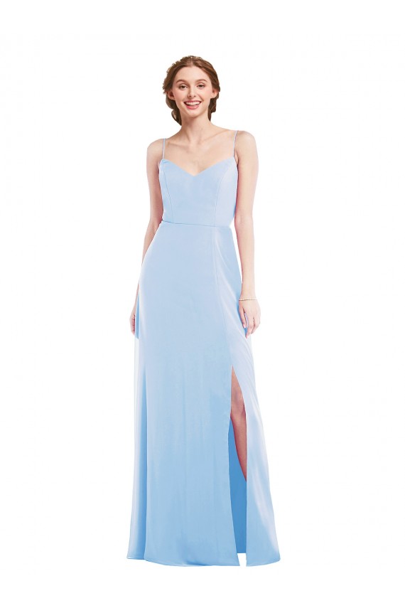 Fournisseurs de Bleu ciel clair Trapèze Bretelles spaghetti Col V Mousseline Longue Formelles Robes demoiselle d'honneur / Robes de soirée