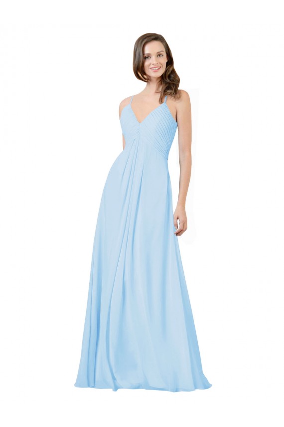Fournisseurs de Bleu ciel clair Trapèze Bretelles spaghetti Col V Mousseline Longue Robes demoiselle d'honneur