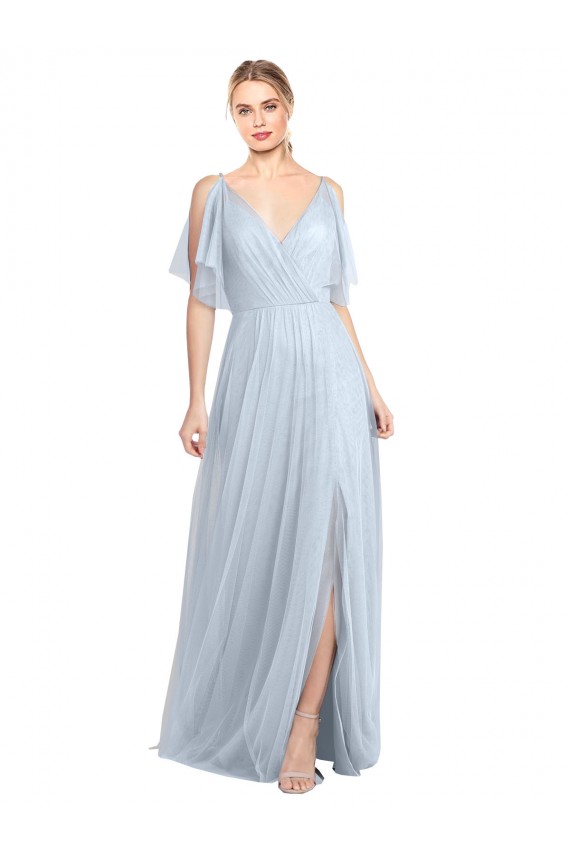 Fournisseurs de Bleu ciel clair Trapèze Bretelles spaghetti Col V Tulle Longue Robes demoiselle d'honneur