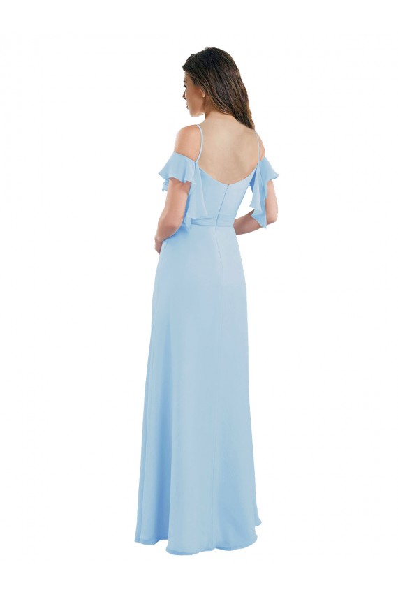 Fournisseurs de Bleu ciel clair Trapèze Bretelles spaghetti Mousseline Longue Robes demoiselle d'honneur