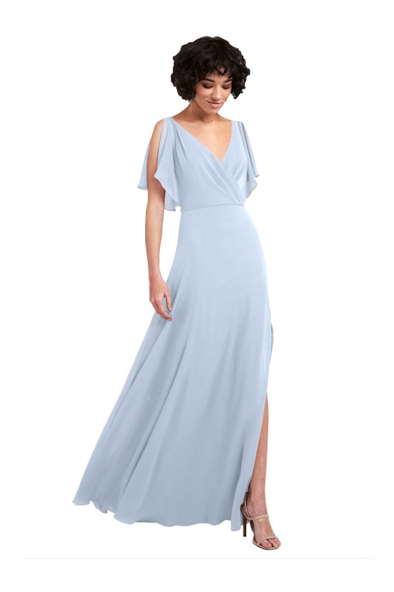 Fournisseurs de Bleu ciel clair Trapèze Col V Mousseline Longue Robes demoiselle d'honneur