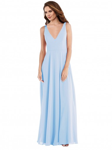 Fournisseurs de Bleu ciel clair Trapèze Col V Mousseline Longue Robes demoiselle d'honneur