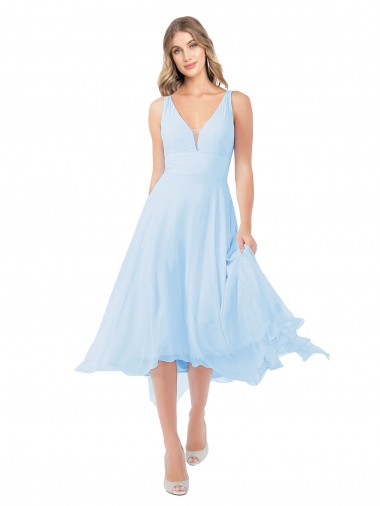 Fournisseurs de Bleu ciel clair Trapèze Col V midi Mousseline Courte Robes demoiselle d'honneur / Robes de cocktail