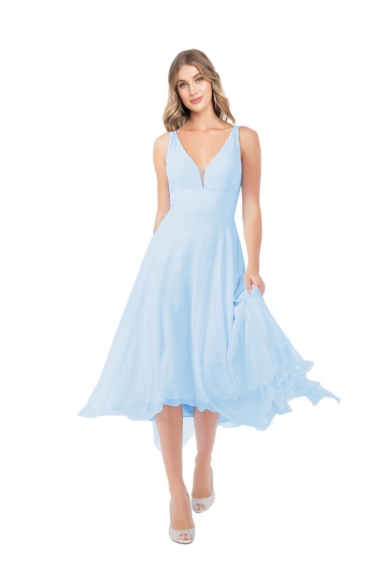 Fournisseurs de Bleu ciel clair Trapèze Col V midi Mousseline Courte Robes demoiselle d'honneur / Robes de cocktail