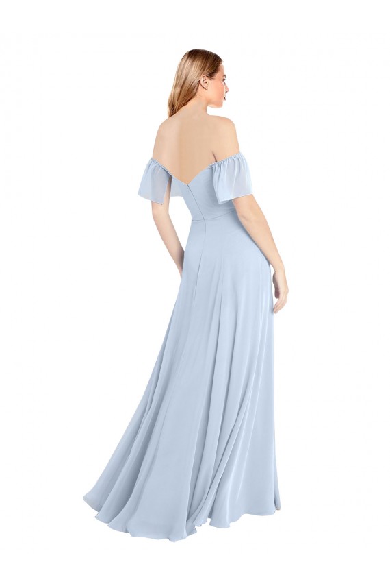 Fournisseurs de Bleu ciel clair Trapèze Épaule Dénudée Col Carré Mousseline Longue Robes demoiselle d'honneur