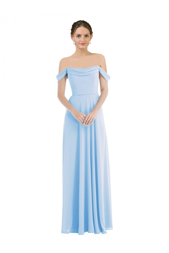 Fournisseurs de Bleu ciel clair Trapèze Épaule Dénudée Mousseline Longue Formelles Robes demoiselle d'honneur / Robes de soirée