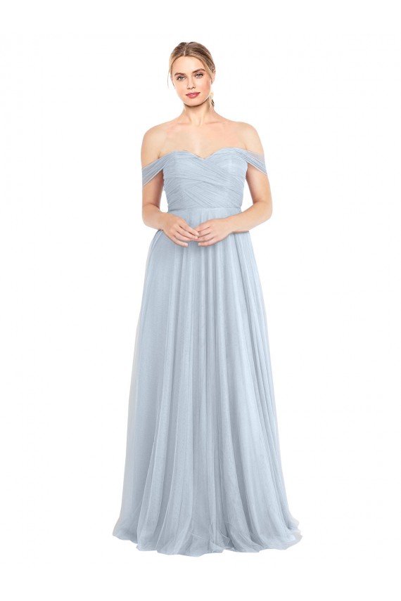 Fournisseurs de Bleu ciel clair Trapèze Épaule Dénudée Tulle Longue Robes demoiselle d'honneur