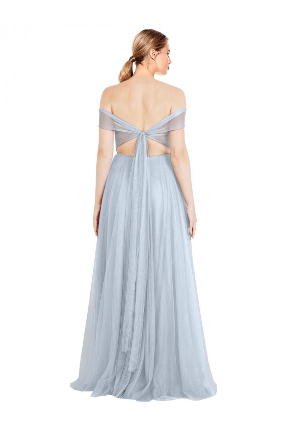 Fournisseurs de Bleu ciel clair Trapèze Épaule Dénudée Tulle Longue Robes demoiselle d'honneur