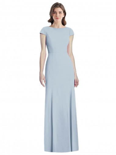 Fournisseurs de Bleu ciel clair Trompette Bateau Crêpe Stretch Longue Robes demoiselle d'honneur / Robes de bal