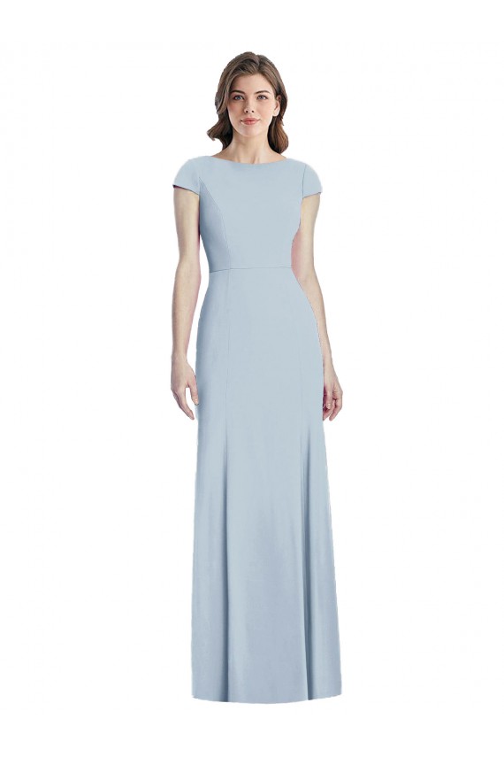 Fournisseurs de Bleu ciel clair Trompette Bateau Crêpe Stretch Longue Robes demoiselle d'honneur / Robes de bal
