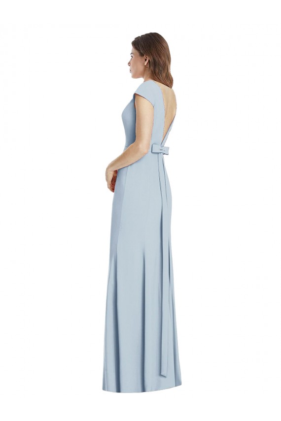 Fournisseurs de Bleu ciel clair Trompette Bateau Crêpe Stretch Longue Robes demoiselle d'honneur / Robes de bal