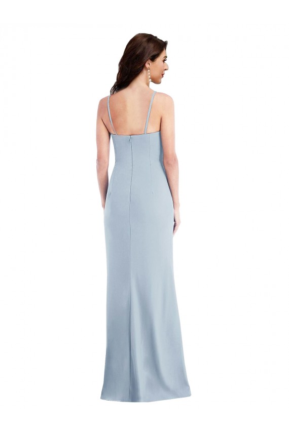 Fournisseurs de Bleu ciel clair Trompette Bretelles spaghetti Crêpe Stretch Longue Formelles Robes demoiselle d'honneur / Robes de soirée / Robes de bal