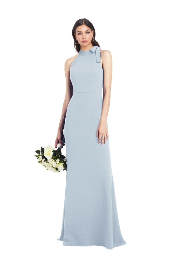 Fournisseurs de Bleu ciel clair Trompette Col Bateau Col Haut Licou Crêpe Stretch Longue Robes demoiselle d'honneur / Robes de bal