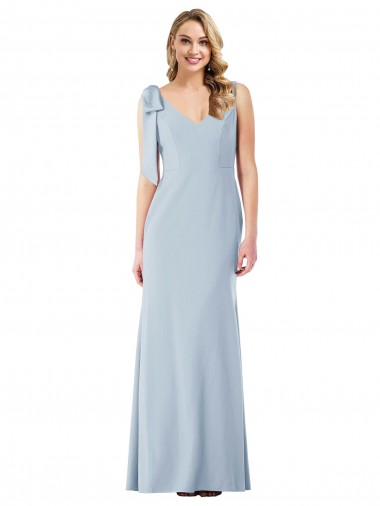 Fournisseurs de Bleu ciel clair Trompette Col V Crêpe Stretch Longue Robes demoiselle d'honneur / Robes de bal