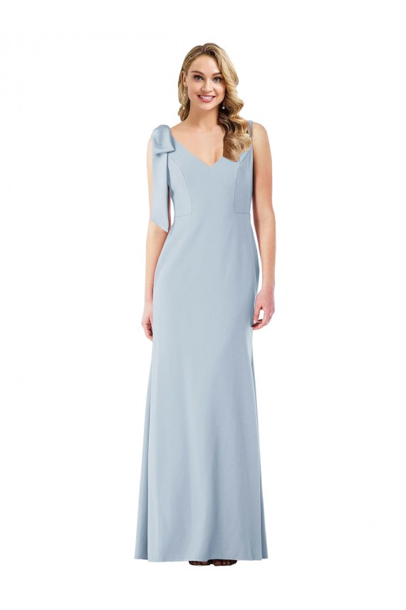 Fournisseurs de Bleu ciel clair Trompette Col V Crêpe Stretch Longue Robes demoiselle d'honneur / Robes de bal