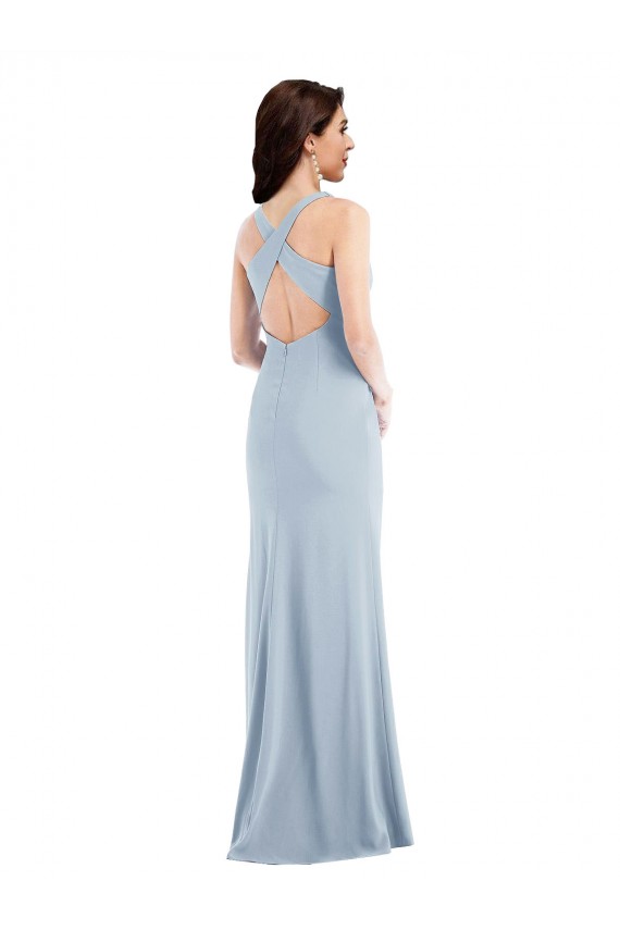 Fournisseurs de Bleu ciel clair Trompette Col V Crêpe Stretch Longue Robes demoiselle d'honneur / Robes de bal