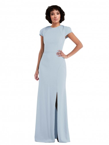 Fournisseurs de Bleu ciel clair Trompette Col bijou Crêpe Stretch Longue Robes demoiselle d'honneur