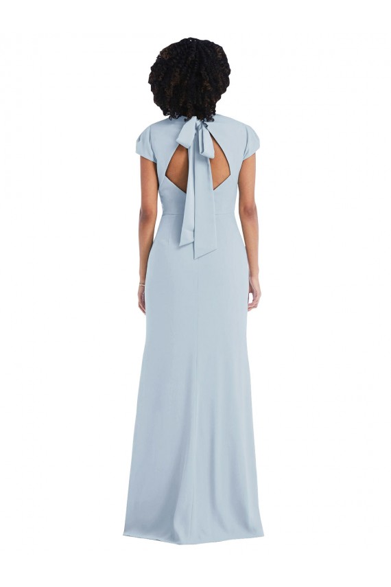 Fournisseurs de Bleu ciel clair Trompette Col bijou Crêpe Stretch Longue Robes demoiselle d'honneur