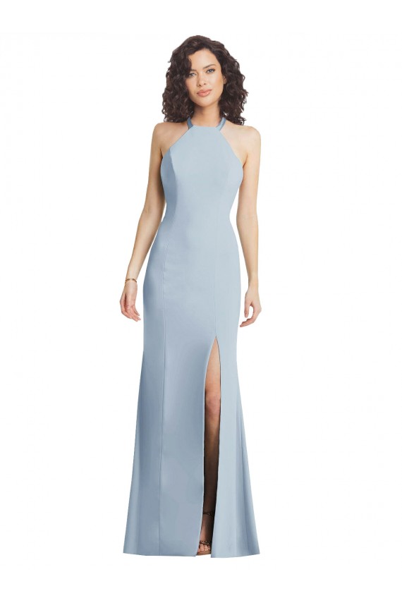 Fournisseurs de Bleu ciel clair Trompette Licou Col Haut Crêpe Stretch Longue Formelles Robes demoiselle d'honneur / Robes de soirée / Robes de bal