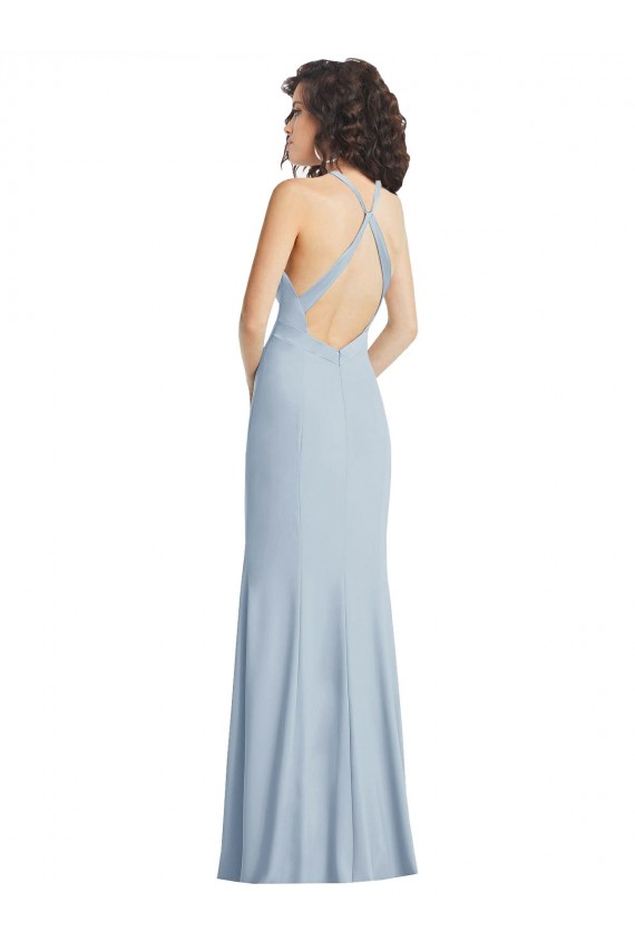 Fournisseurs de Bleu ciel clair Trompette Licou Col Haut Crêpe Stretch Longue Formelles Robes demoiselle d'honneur / Robes de soirée / Robes de bal