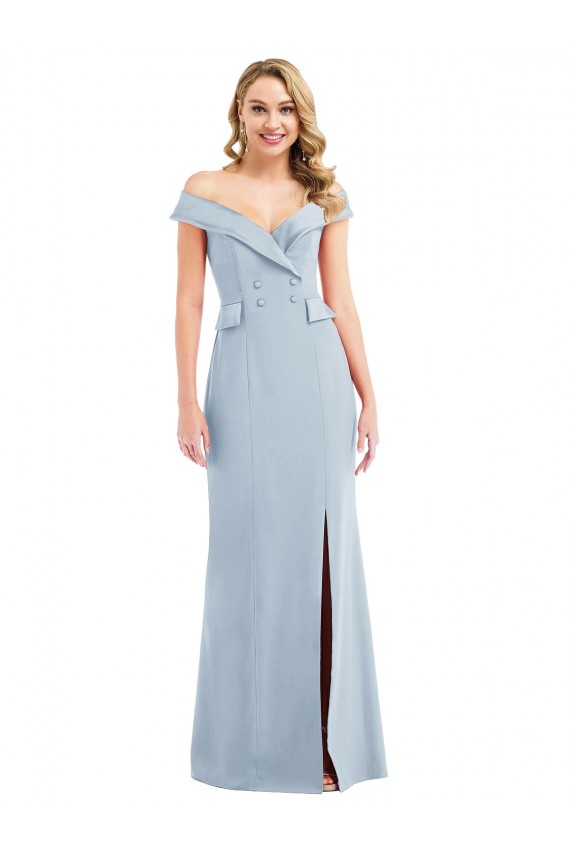 Fournisseurs de Bleu ciel clair Trompette Épaule Dénudée Crêpe Stretch Longue Robes demoiselle d'honneur / Robes de bal