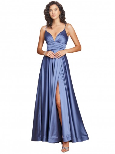 Fournisseurs de Bleu français Trapèze Bretelles spaghetti Satiné Soyeux Longue Formelles Robes demoiselle d'honneur / Robes de soirée / Robes de bal