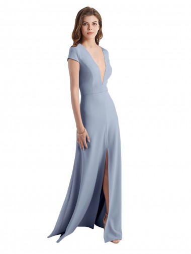 Fournisseurs de Bleu fumée Fourreau Col V Crêpe Stretch Longue Robes demoiselle d'honneur / Robes de bal