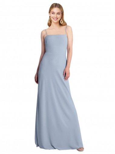Fournisseurs de Bleu fumée Trapèze Col Carré Crêpe Stretch Longue Robes demoiselle d'honneur / Robes de bal