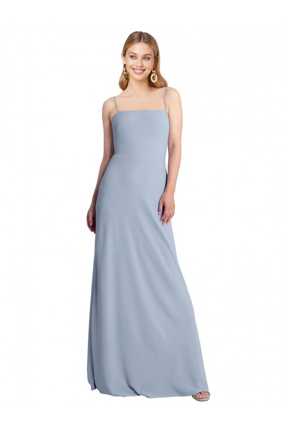 Fournisseurs de Bleu fumée Trapèze Col Carré Crêpe Stretch Longue Robes demoiselle d'honneur / Robes de bal