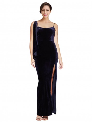 Fournisseurs de Bleu marine foncé Fourreau Bretelles spaghetti Col Carré Velours Stretch Longue Formelles Robes demoiselle d'honneur / Robes de soirée / Robes de bal