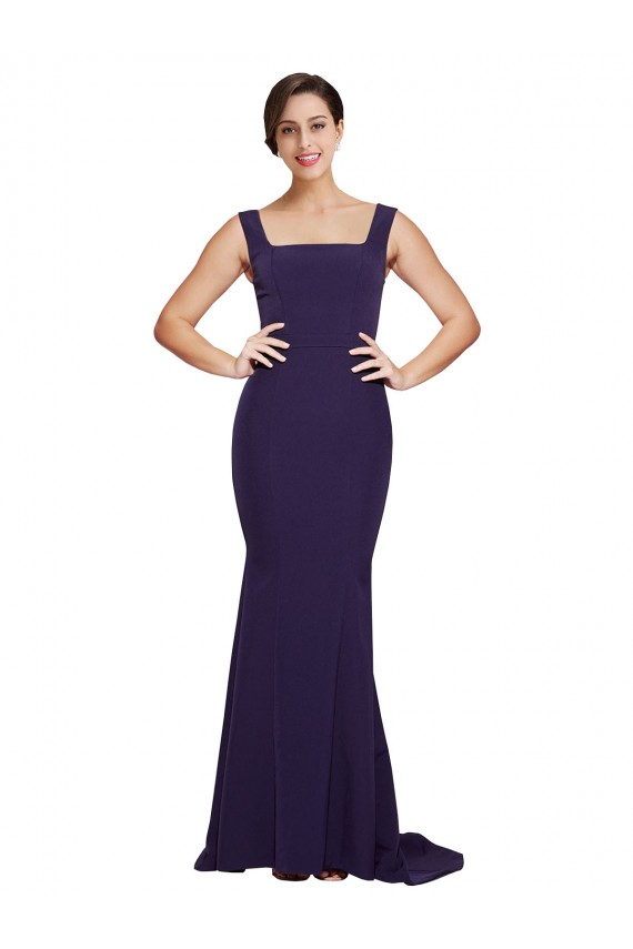Fournisseurs de Bleu marine foncé Fourreau Col Carré Balayage train Crêpe Stretch Longue Robes demoiselle d'honneur / Robes de bal