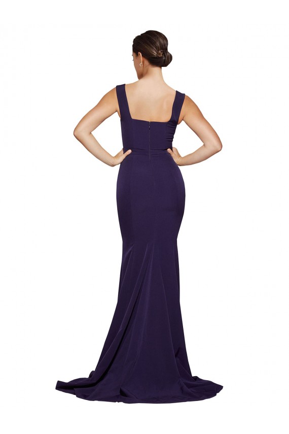 Fournisseurs de Bleu marine foncé Fourreau Col Carré Balayage train Crêpe Stretch Longue Robes demoiselle d'honneur / Robes de bal